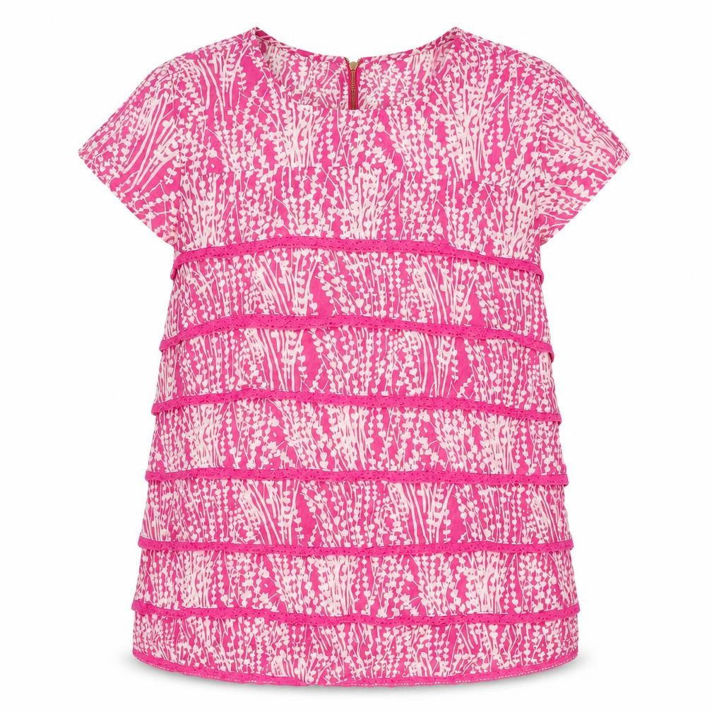 Front view of Monsoon women’s pink floral polyester basic blouse, size UK 12, round neck