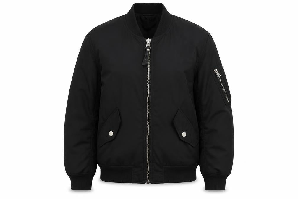 Front view of H&M women’s black bomber jacket jacket, size UK 8, zip