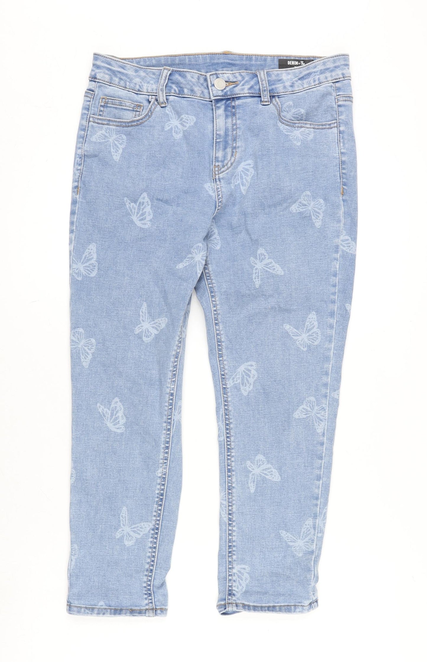 TU Womens Blue Cotton Blend Cropped Jeans Size 12 L23 in Regular Zip - Butterfly pattern