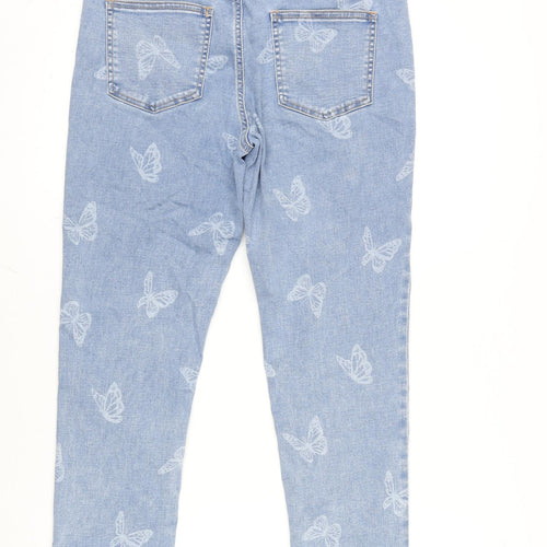 TU Womens Blue Cotton Blend Cropped Jeans Size 12 L23 in Regular Zip - Butterfly pattern