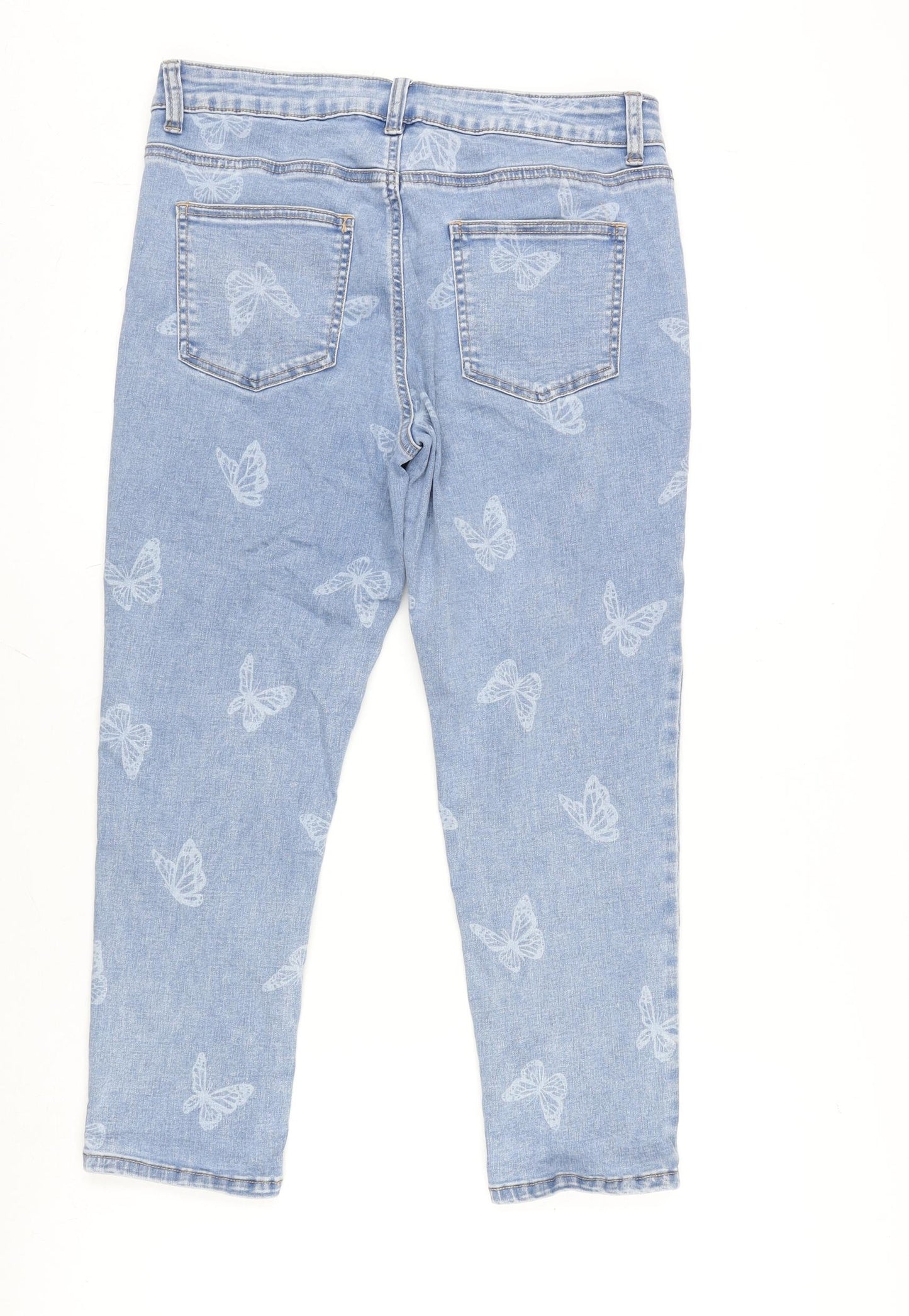 TU Womens Blue Cotton Blend Cropped Jeans Size 12 L23 in Regular Zip - Butterfly pattern