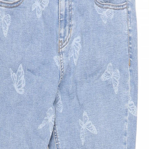 TU Womens Blue Cotton Blend Cropped Jeans Size 12 L23 in Regular Zip - Butterfly pattern