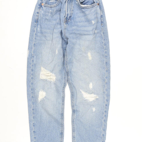 Marks and Spencer Girls Blue Cotton Tapered Jeans Size 12 Years L25 in Regular Zip - Disstresed.