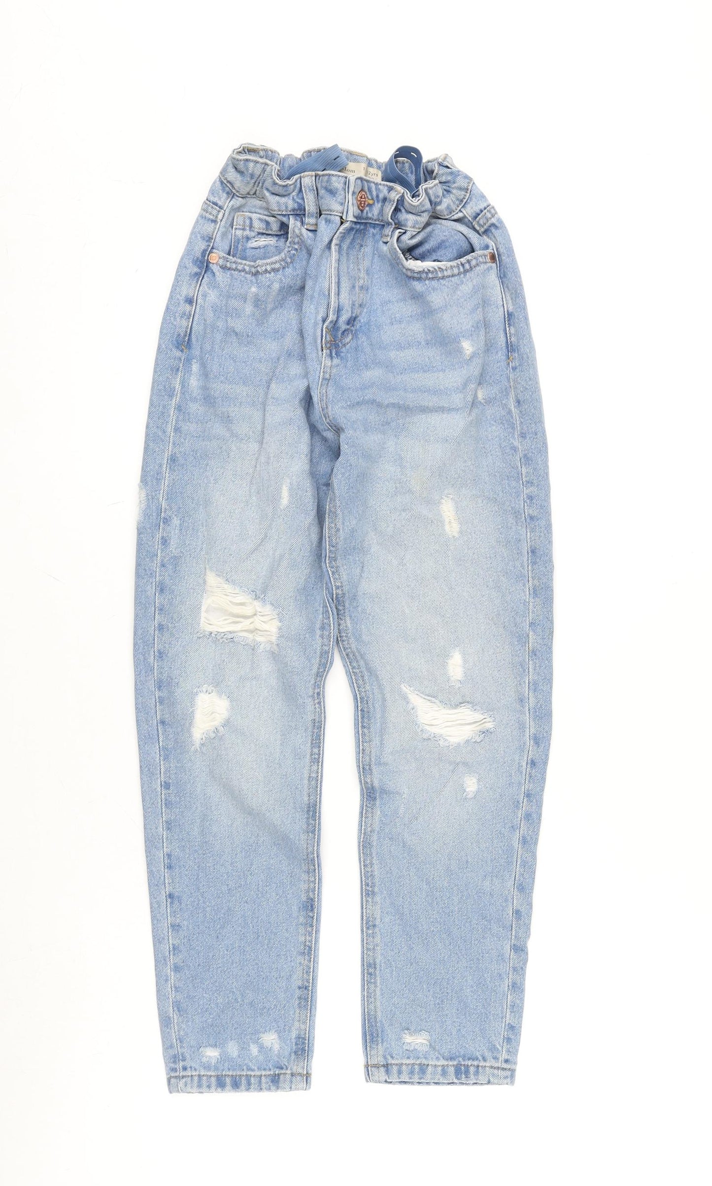 Marks and Spencer Girls Blue Cotton Tapered Jeans Size 12 Years L25 in Regular Zip - Disstresed.