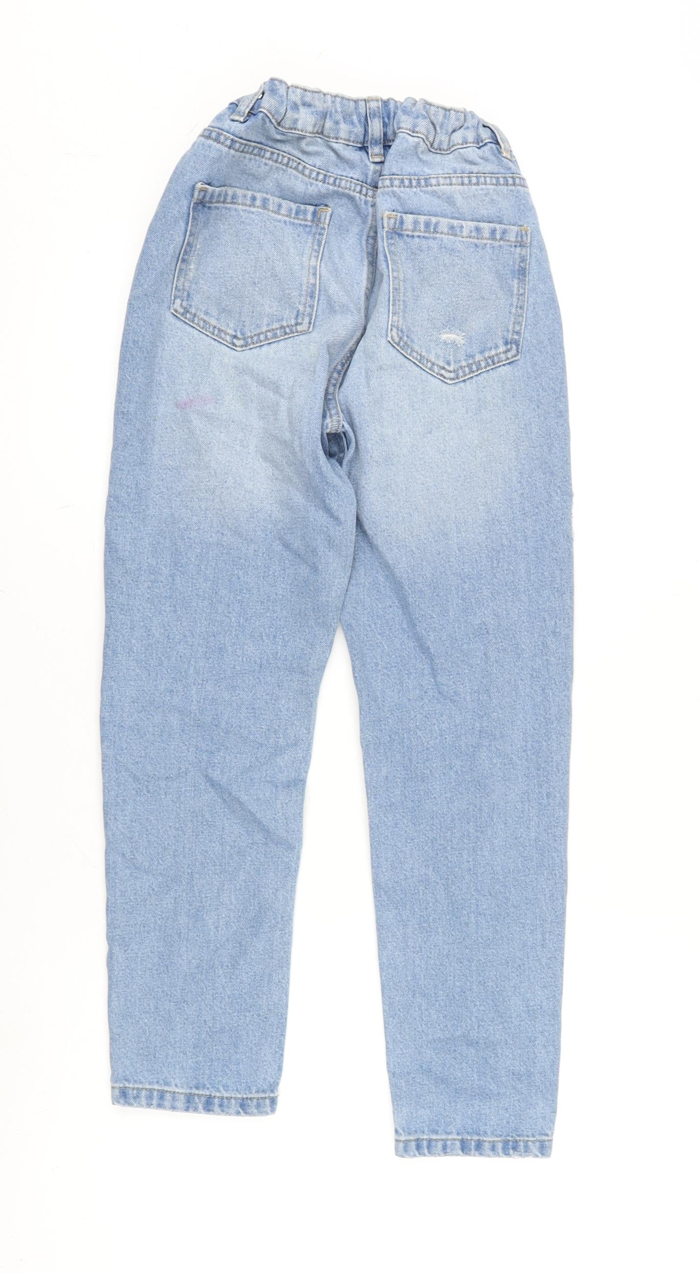 Marks and Spencer Girls Blue Cotton Tapered Jeans Size 12 Years L25 in Regular Zip - Disstresed.