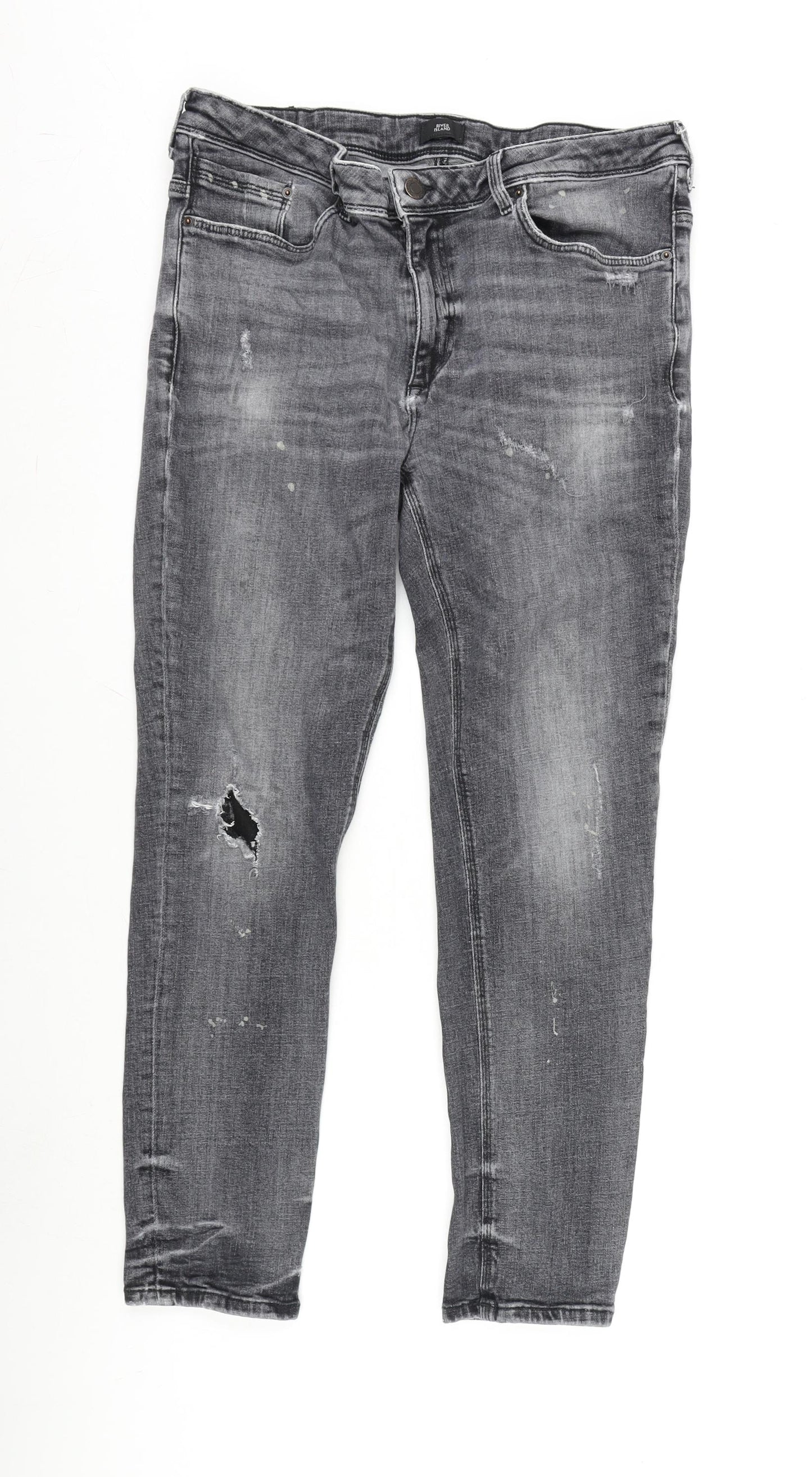 River Island Mens Grey Cotton Blend Straight Jeans Size 34 in L28 in Regular Zip