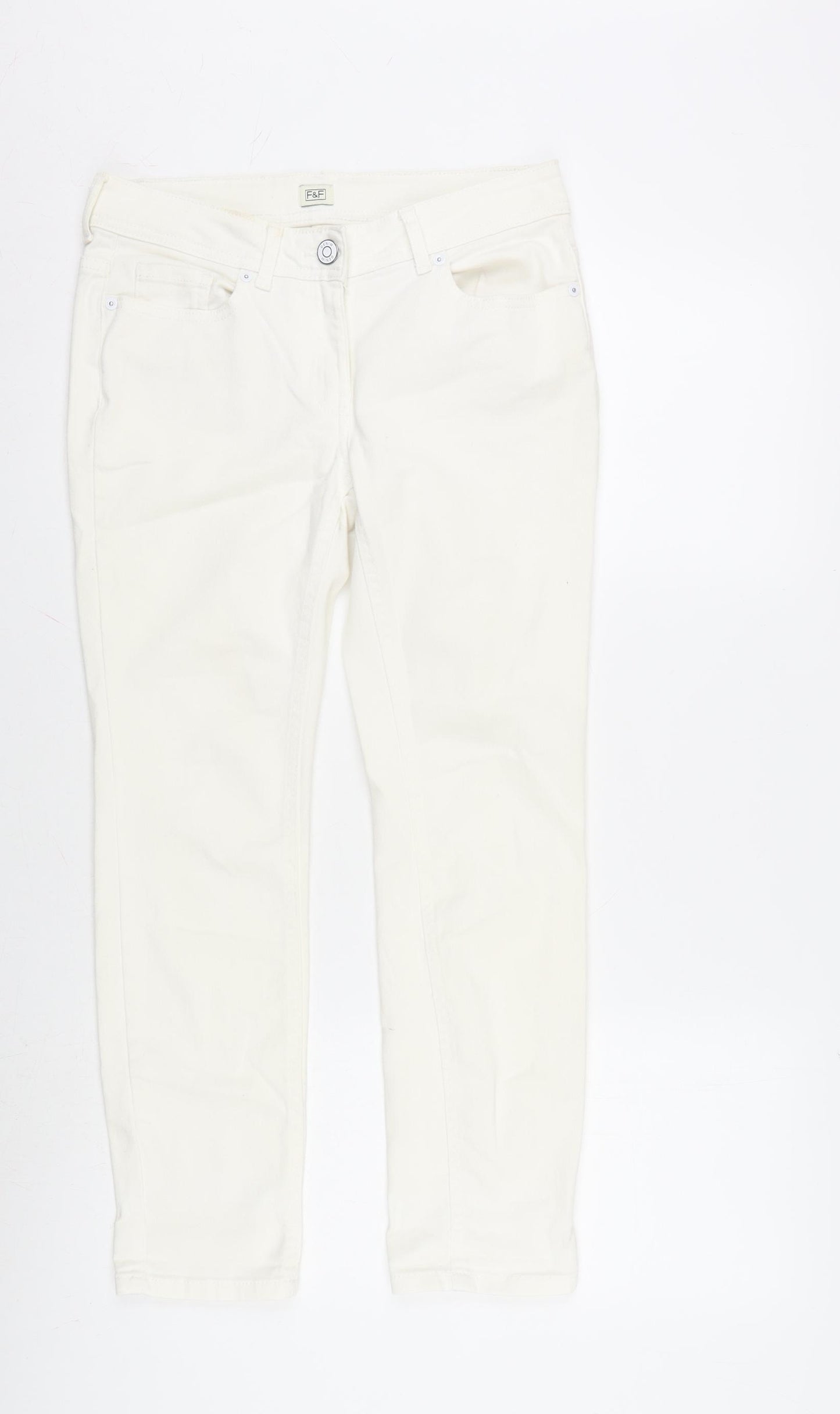 F&F Womens Ivory Cotton Blend Straight Jeans Size 8 L26 in Regular Zip