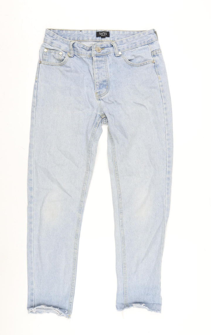 Boohoo MAN Mens Blue Cotton Straight Jeans Size 30 in L28 in Regular Zip - Raw Hem