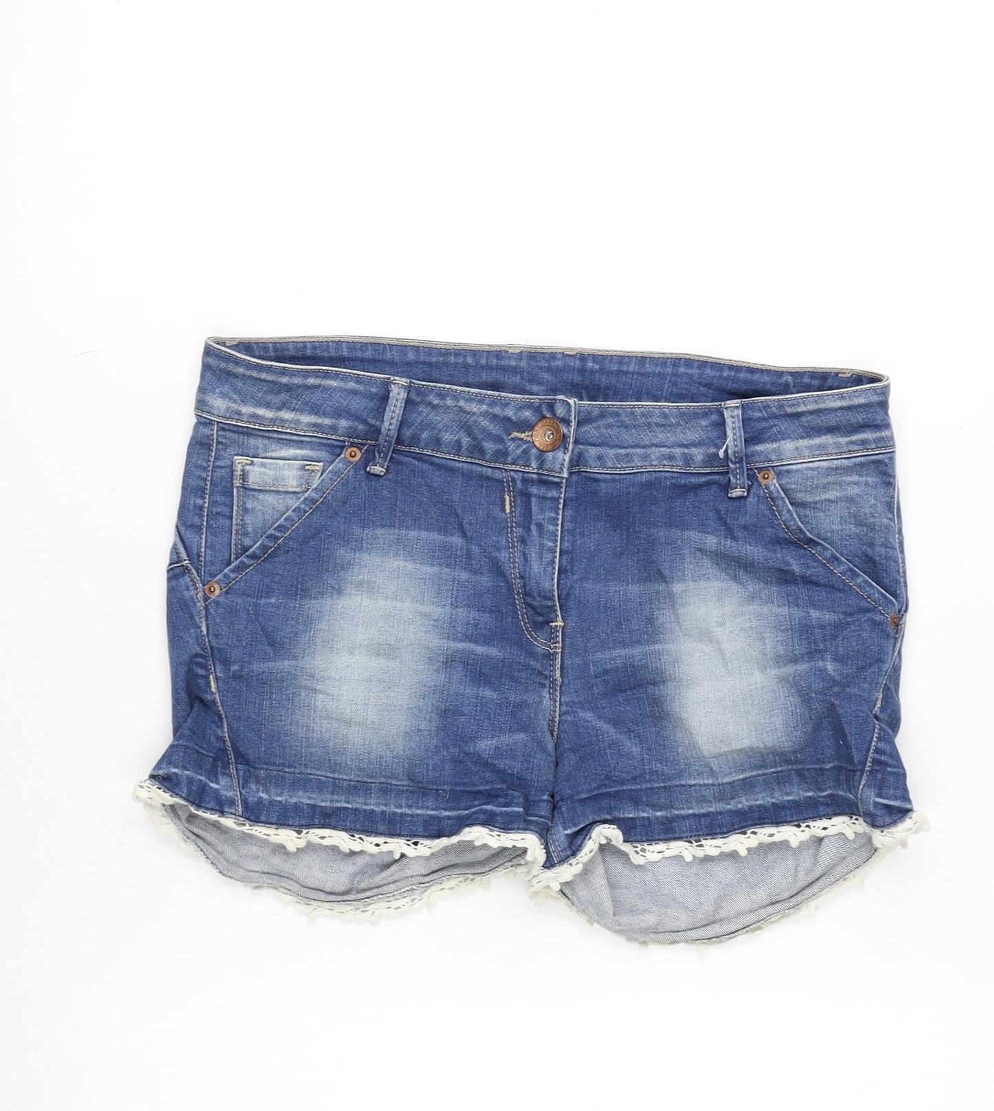 NEXT Womens Blue Cotton Cut-Off Shorts Size 12 Regular Zip - lace Trim