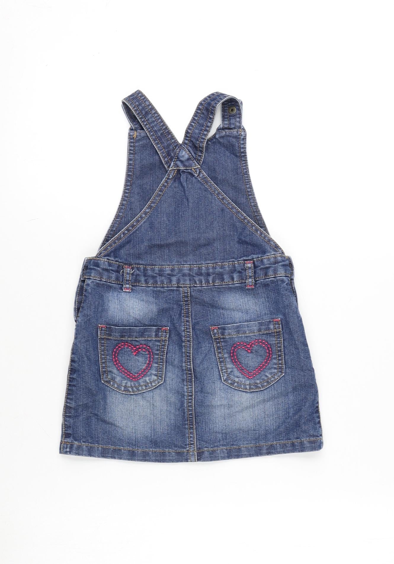 George Girls Blue Cotton Pinafore/Dungaree Dress Size 2-3 Years Square Neck Snap