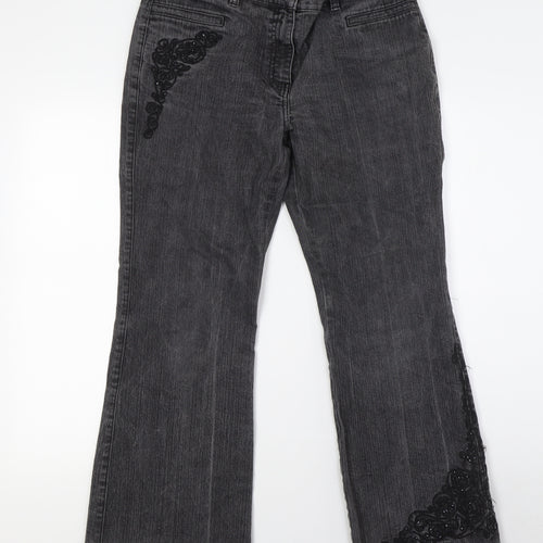 NEXT Womens Black Cotton Bootcut Jeans Size 14 L29 in Regular Zip - Beaded Work