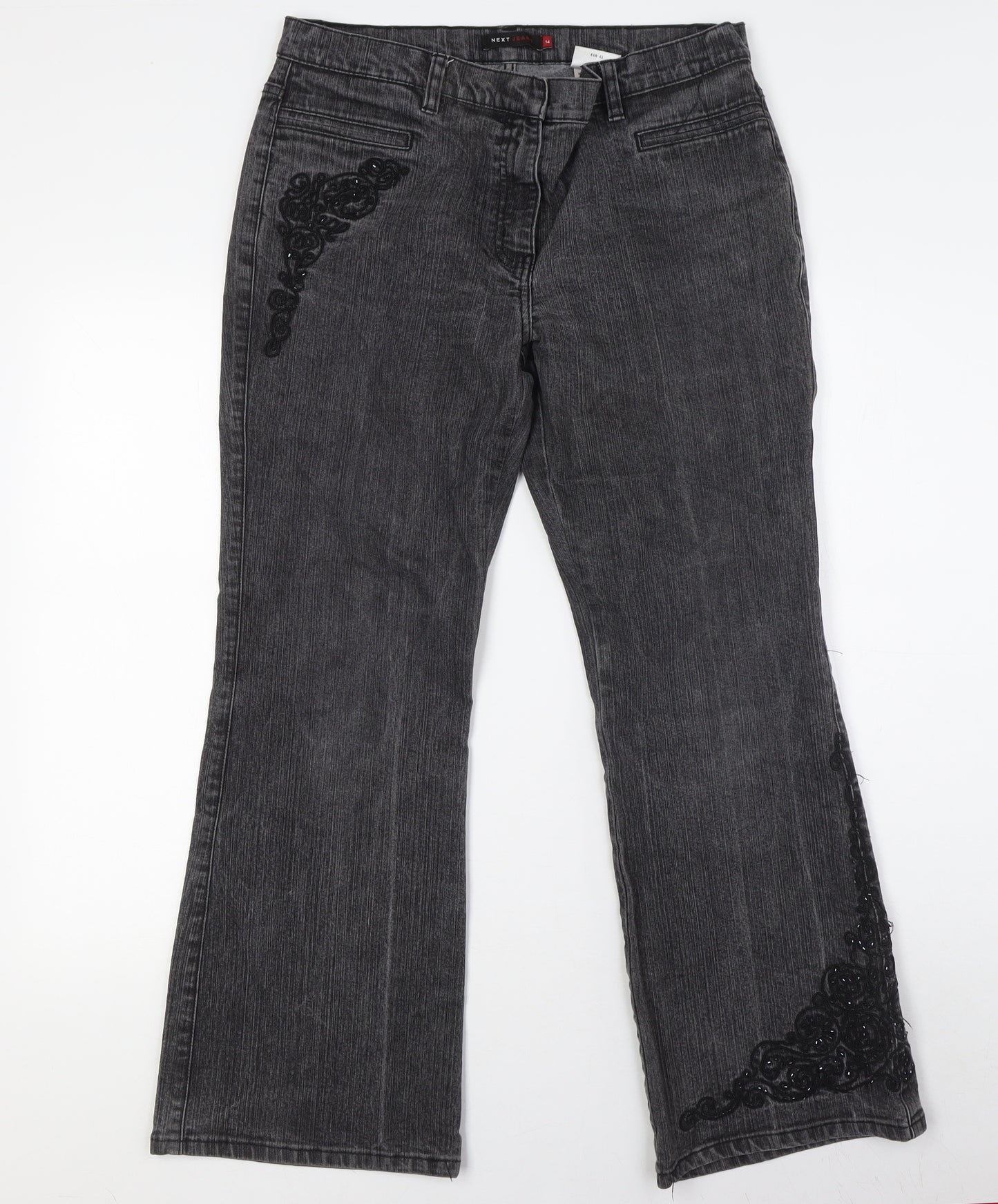 NEXT Womens Black Cotton Bootcut Jeans Size 14 L29 in Regular Zip - Beaded Work