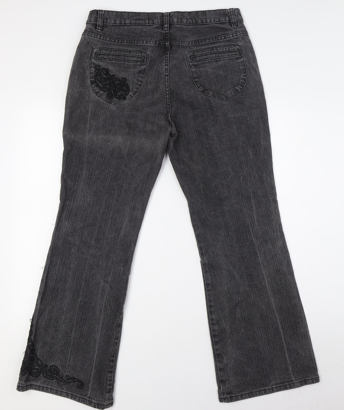 NEXT Womens Black Cotton Bootcut Jeans Size 14 L29 in Regular Zip - Beaded Work