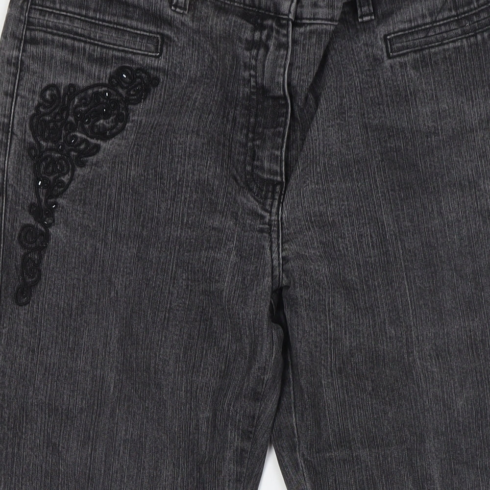 NEXT Womens Black Cotton Bootcut Jeans Size 14 L29 in Regular Zip - Beaded Work