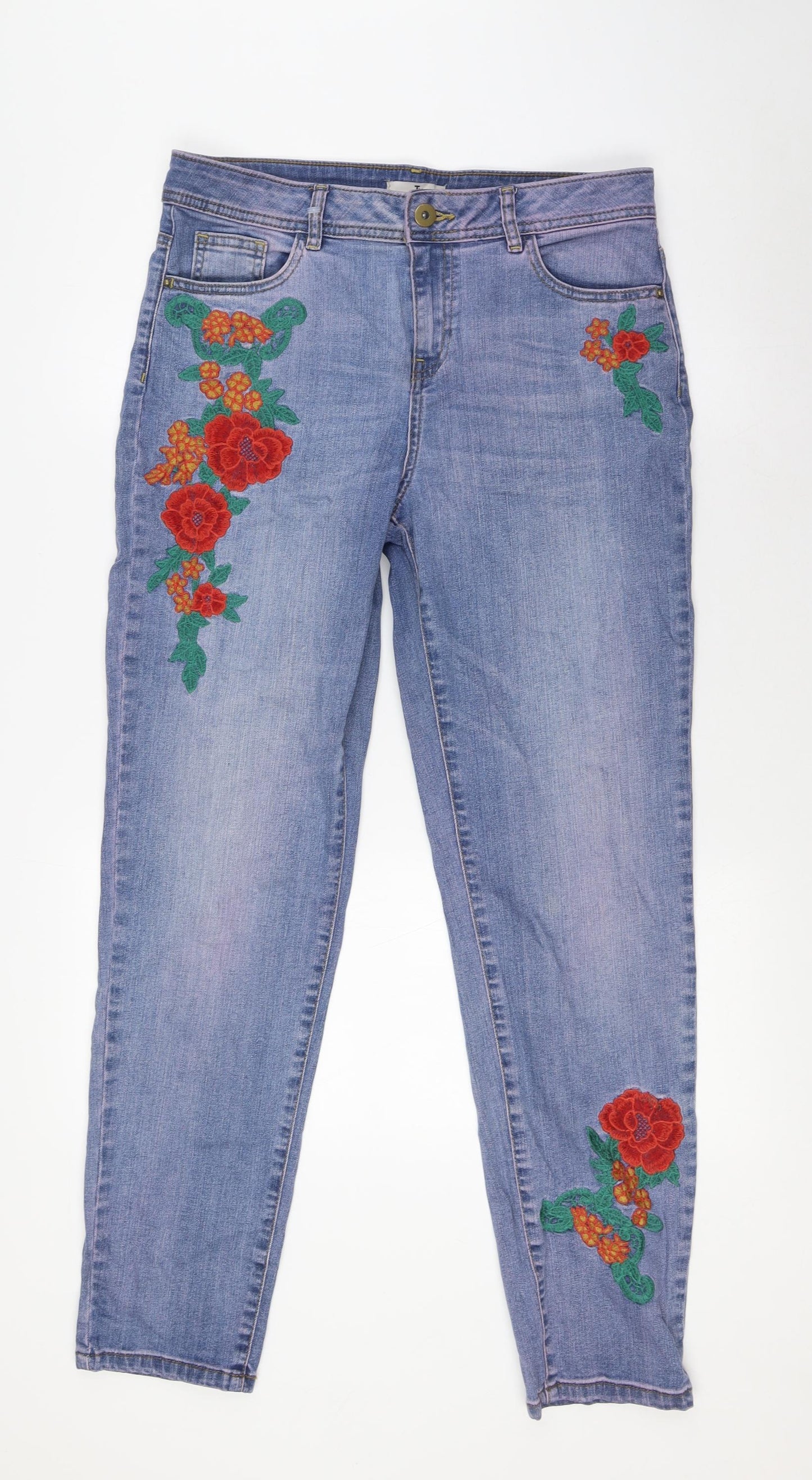 TU Womens Blue Floral Cotton Straight Jeans Size 12 L31 in Regular Zip - Embroidery