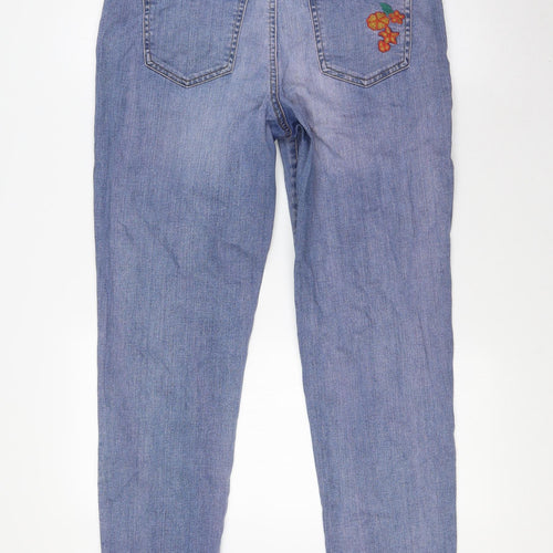 TU Womens Blue Floral Cotton Straight Jeans Size 12 L31 in Regular Zip - Embroidery