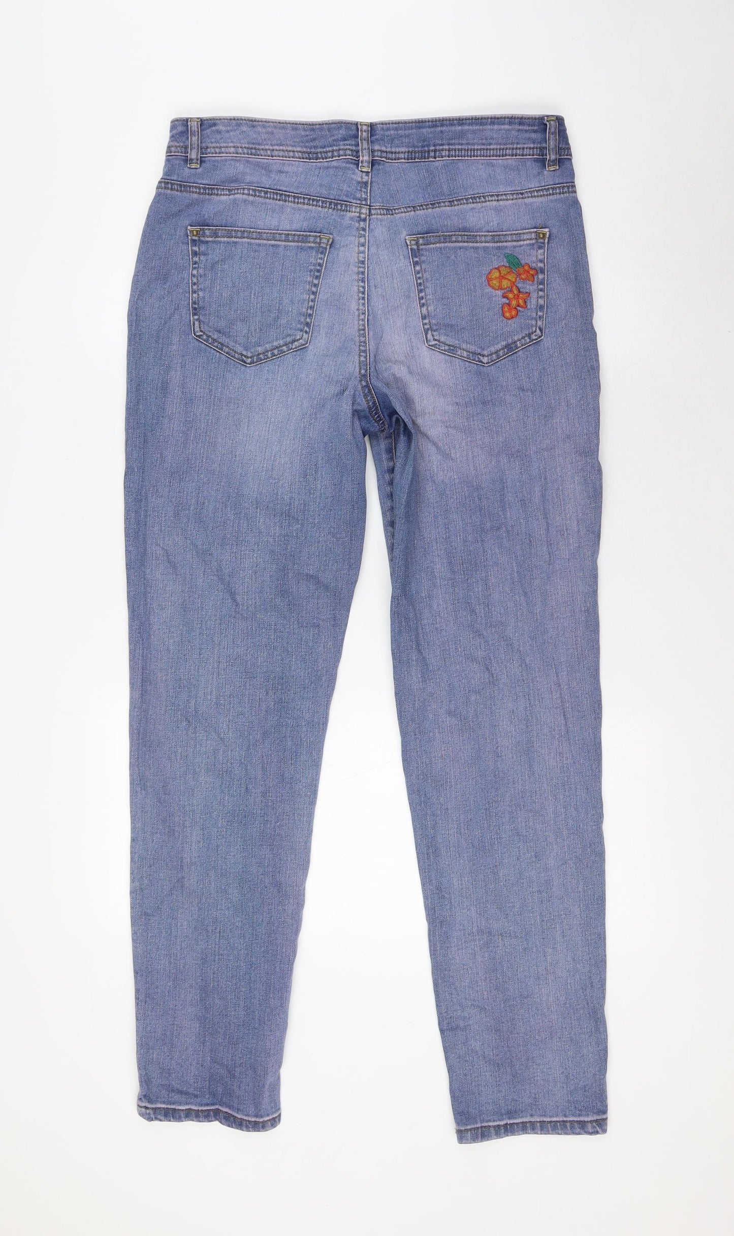 TU Womens Blue Floral Cotton Straight Jeans Size 12 L31 in Regular Zip - Embroidery