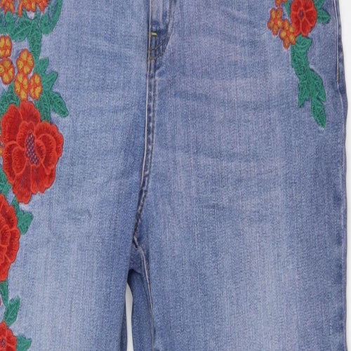 TU Womens Blue Floral Cotton Straight Jeans Size 12 L31 in Regular Zip - Embroidery