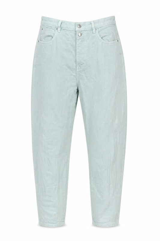 Front view of Mango women’s green cotton mom jeans, size UK 12, 29-inch leg regular zip