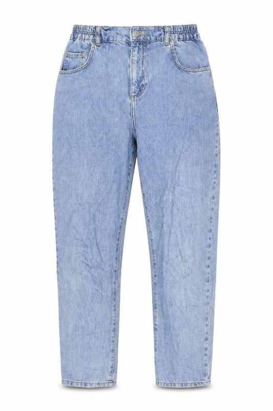 Front view of Topshop women’s blue cotton mom jeans, size UK 30, in, 29-inch leg regular zip - elasticated waist