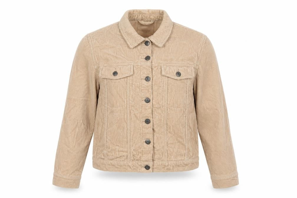 Front view of Jacoueline de Young women’s beige herringbone jacket, size UK 10, button