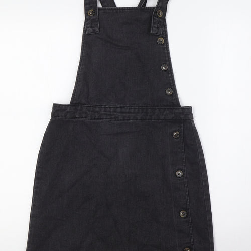 F&F Womens Black Cotton Pinafore/Dungaree Dress Size 6 Square Neck Zip