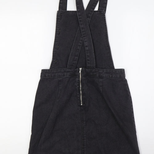 F&F Womens Black Cotton Pinafore/Dungaree Dress Size 6 Square Neck Zip