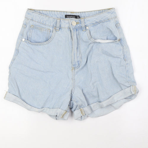 Boohoo Womens Blue Cotton Basic Shorts Size 8 L4 in Regular Button - turn ups