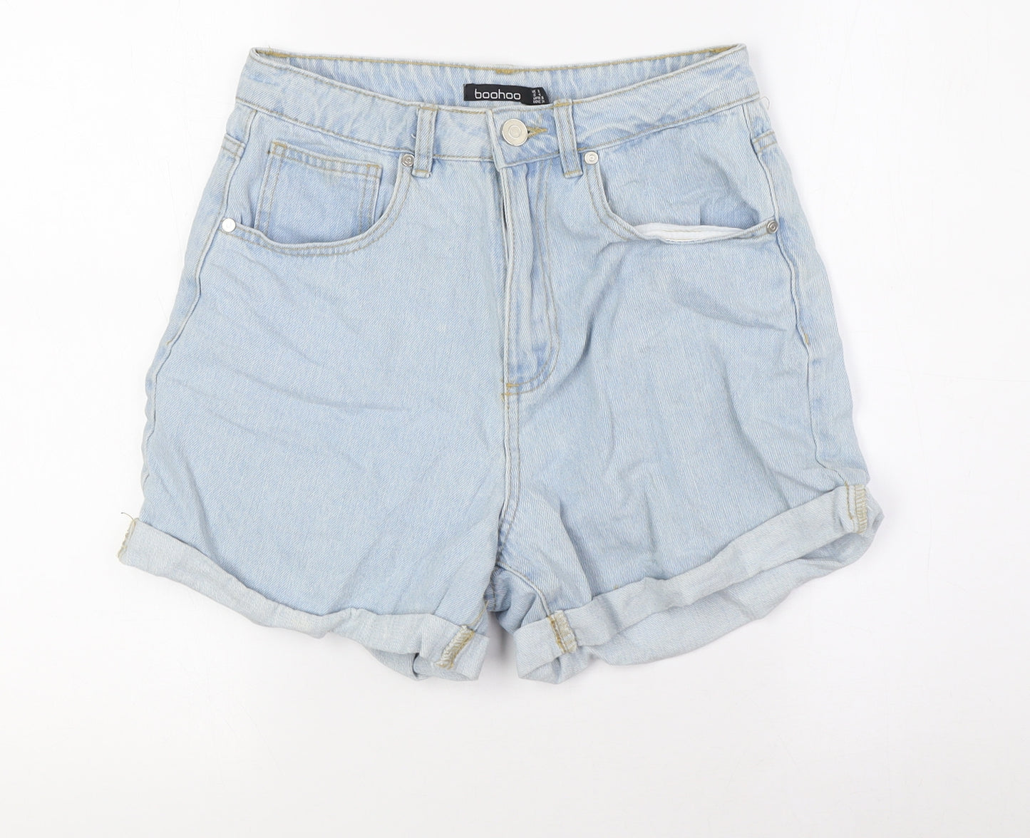 Boohoo Womens Blue Cotton Basic Shorts Size 8 L4 in Regular Button - turn ups