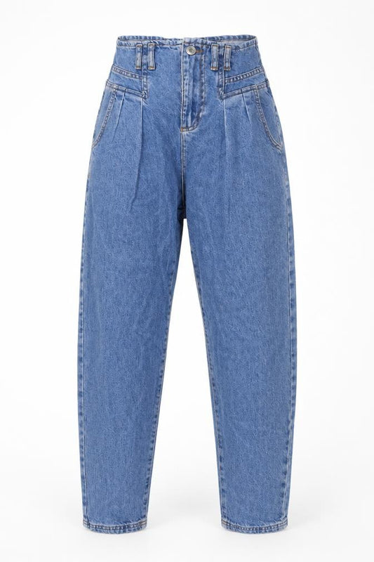 Front view of Stradivarius women’s blue cotton mom jeans, size UK 6, 28-inch leg regular button - high waist