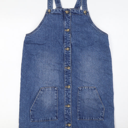 Marks and Spencer Girls Blue Cotton Pinafore/Dungaree Dress Size 14-15 Years Square Neck Button - Pockets