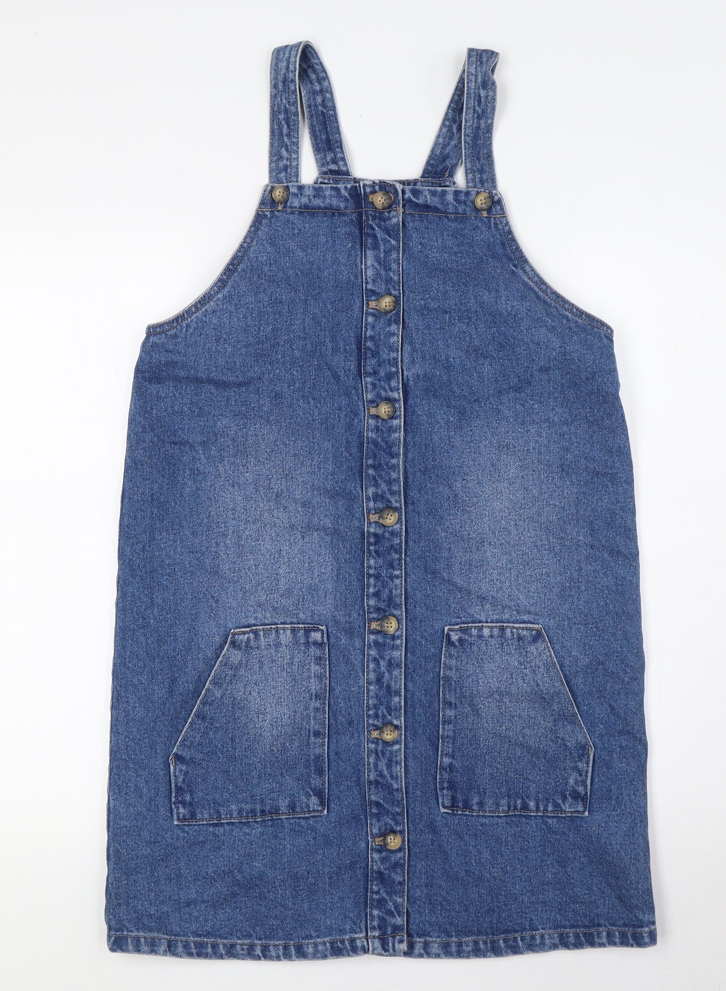 Marks and Spencer Girls Blue Cotton Pinafore/Dungaree Dress Size 14-15 Years Square Neck Button - Pockets