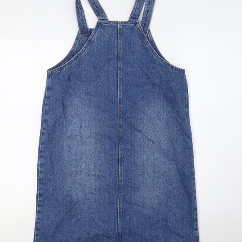 Marks and Spencer Girls Blue Cotton Pinafore/Dungaree Dress Size 14-15 Years Square Neck Button - Pockets