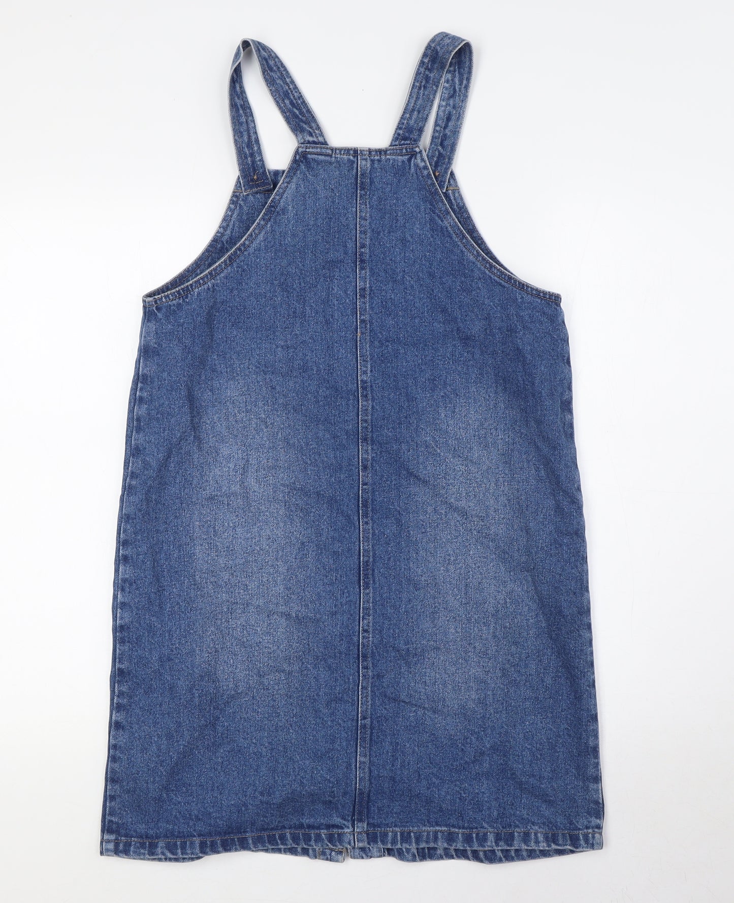 Marks and Spencer Girls Blue Cotton Pinafore/Dungaree Dress Size 14-15 Years Square Neck Button - Pockets