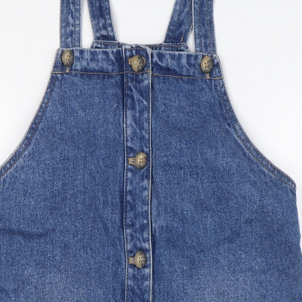 Marks and Spencer Girls Blue Cotton Pinafore/Dungaree Dress Size 14-15 Years Square Neck Button - Pockets