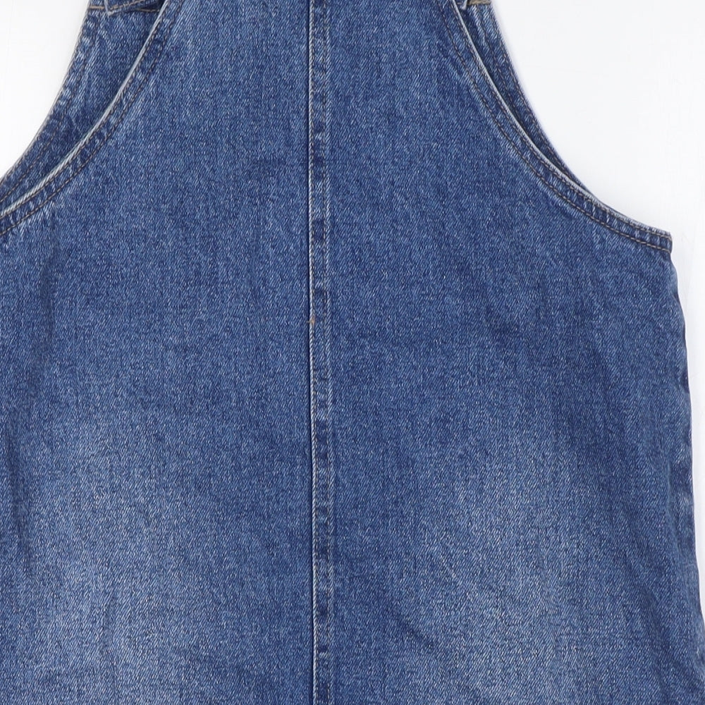 Marks and Spencer Girls Blue Cotton Pinafore/Dungaree Dress Size 14-15 Years Square Neck Button - Pockets