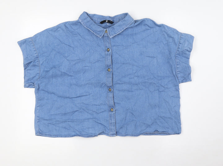 Very Womens Blue Cotton Basic Button-Up Size 12 Collared