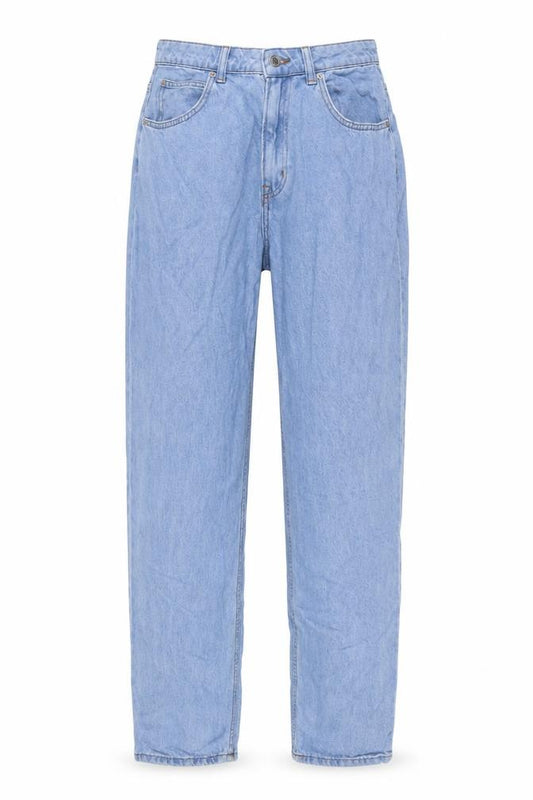 Front view of &Denim women’s blue cotton mom jeans, size UK 10, 32-inch leg regular button