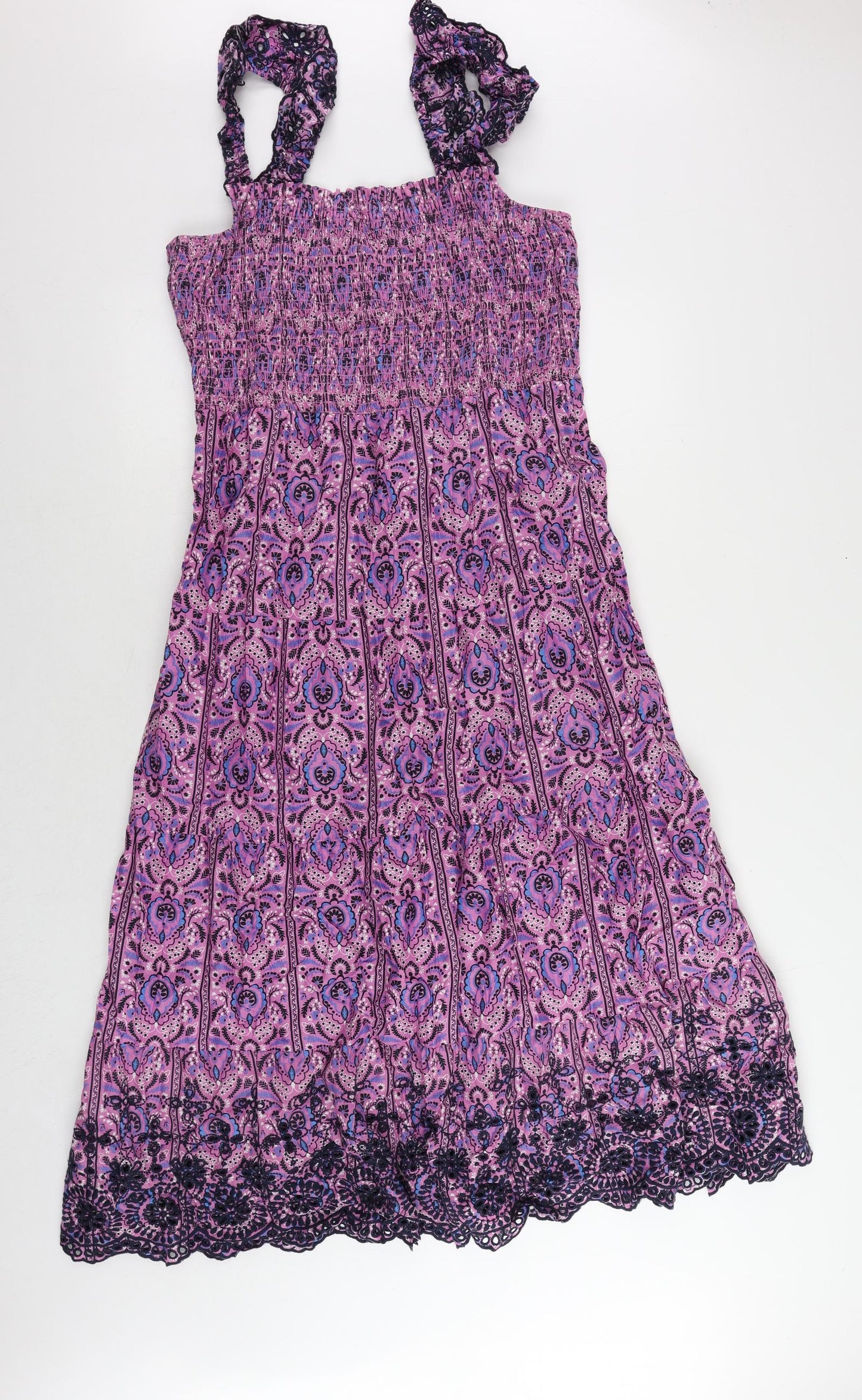 Marks and Spencer Womens Purple Paisley Cotton Maxi Size 14 Square Neck Pullover - Embroidered
