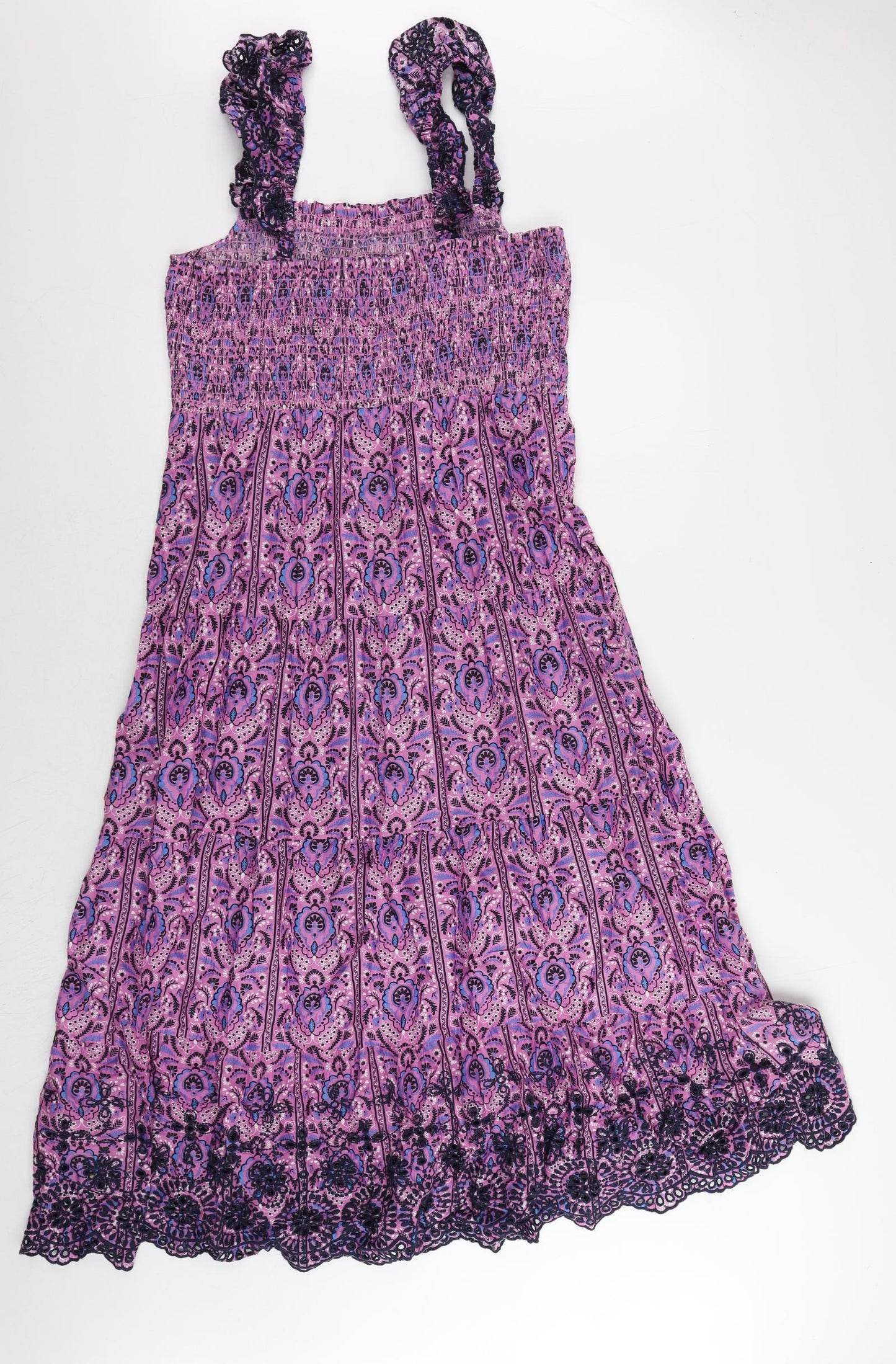 Marks and Spencer Womens Purple Paisley Cotton Maxi Size 14 Square Neck Pullover - Embroidered