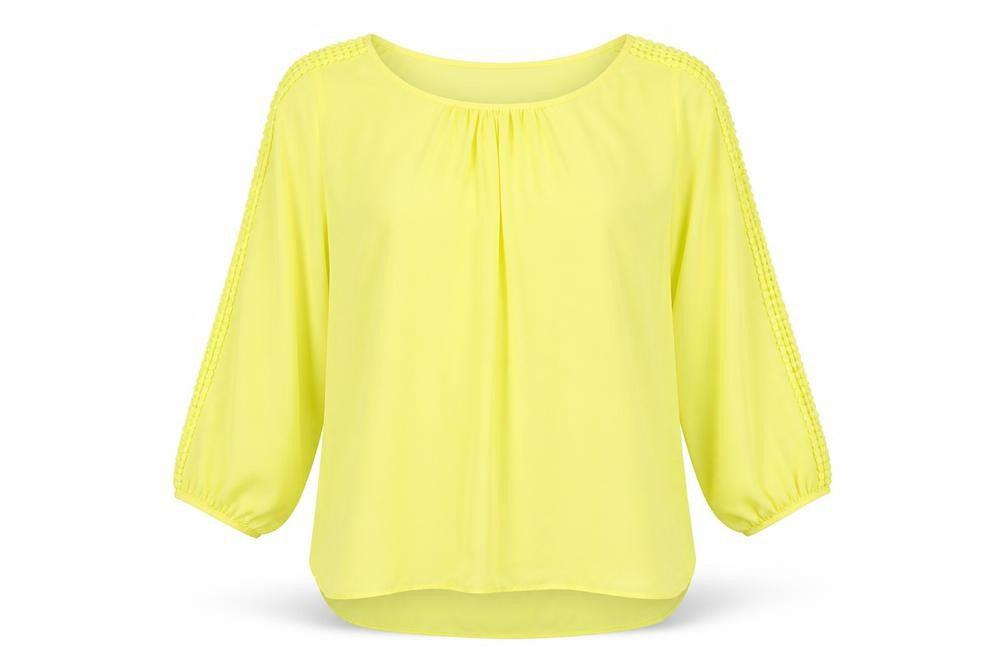 Front view of Wallis women’s yellow polyester basic blouse, size M, boat neck - crocheted lace detail