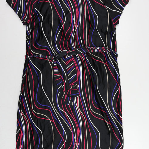 Marks and Spencer Womens Black Geometric Polyester Sheath Size 16 Boat Neck Zip - Belted