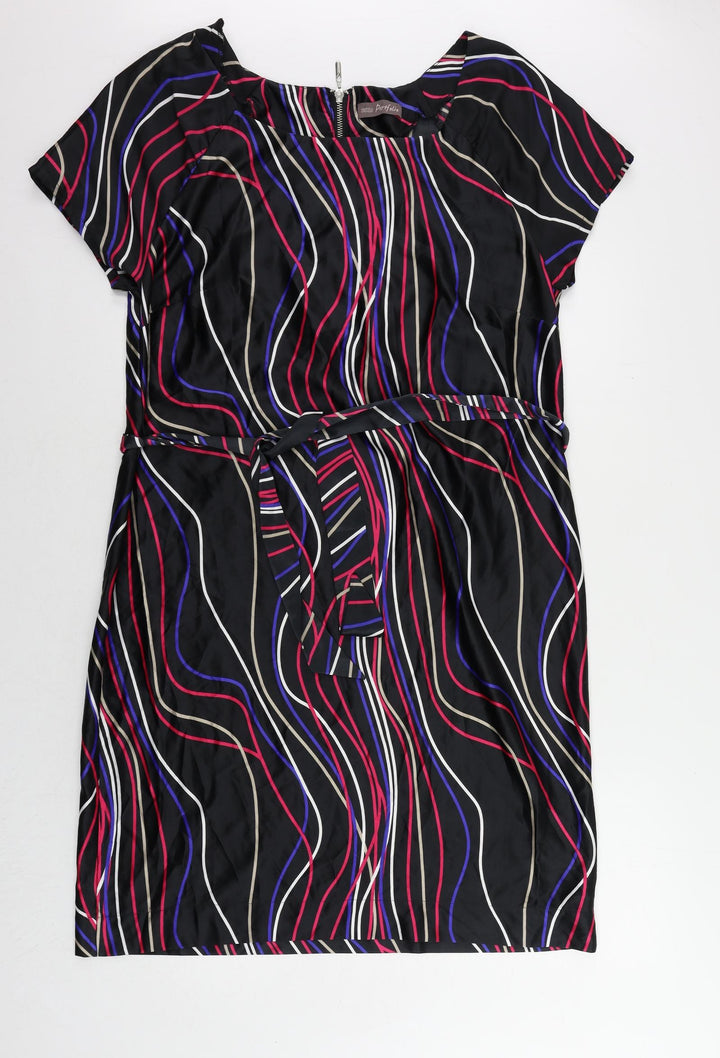 Marks and Spencer Womens Black Geometric Polyester Sheath Size 16 Boat Neck Zip - Belted