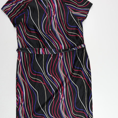 Marks and Spencer Womens Black Geometric Polyester Sheath Size 16 Boat Neck Zip - Belted