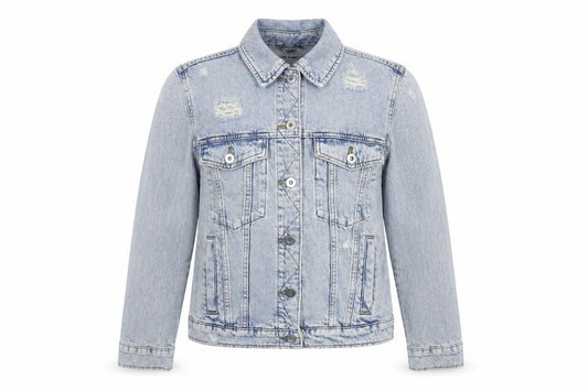 Front view of Marks & Spencer women’s blue jacket, size UK 10, button - distressed