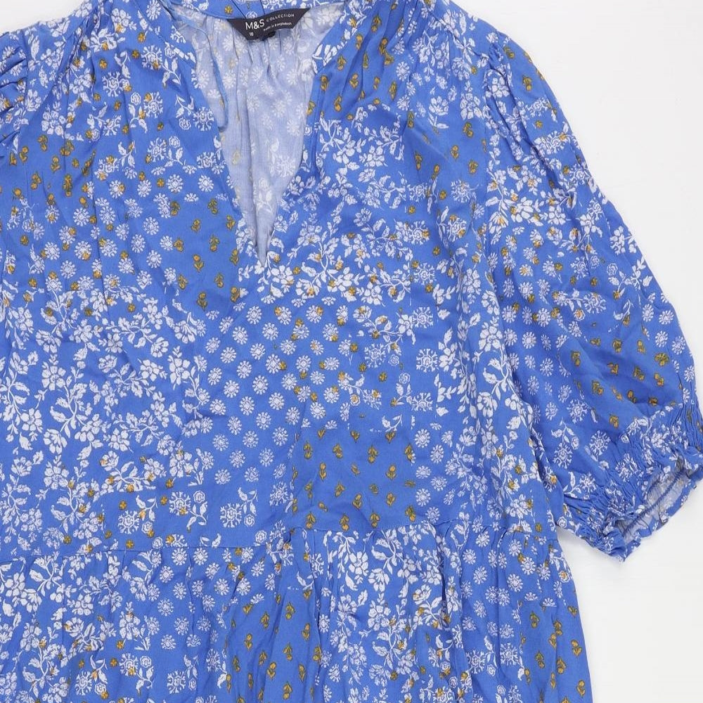 Marks and Spencer Womens Blue Floral Viscose A-Line Size 18 V-Neck Pullover