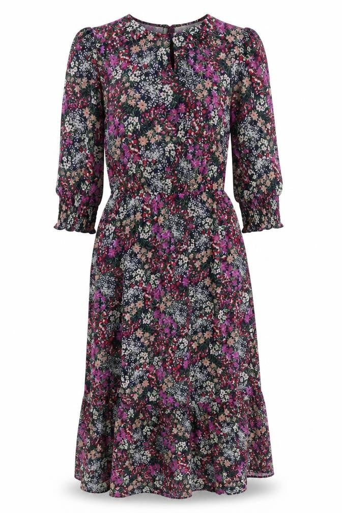 Front view of Oasis women’s multicoloured floral polyester a-line, size XS, round neck button - sheer