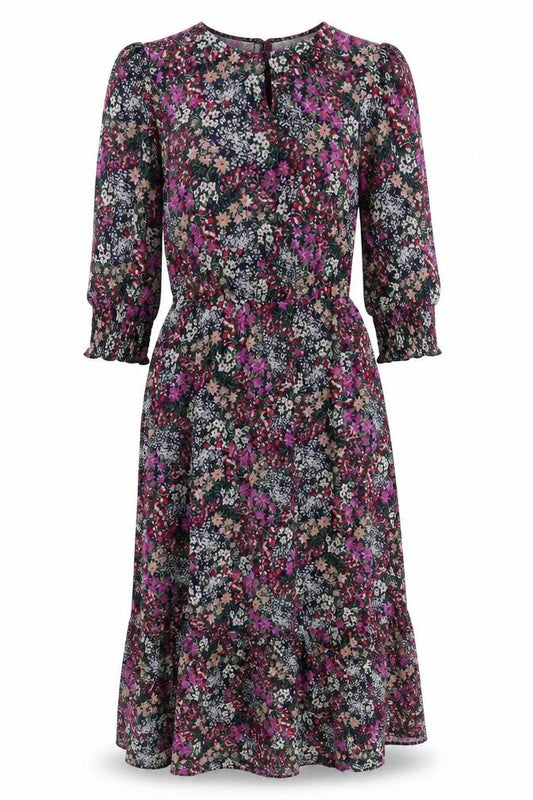Front view of Oasis women’s multicoloured floral polyester a-line, size XS, round neck button - sheer