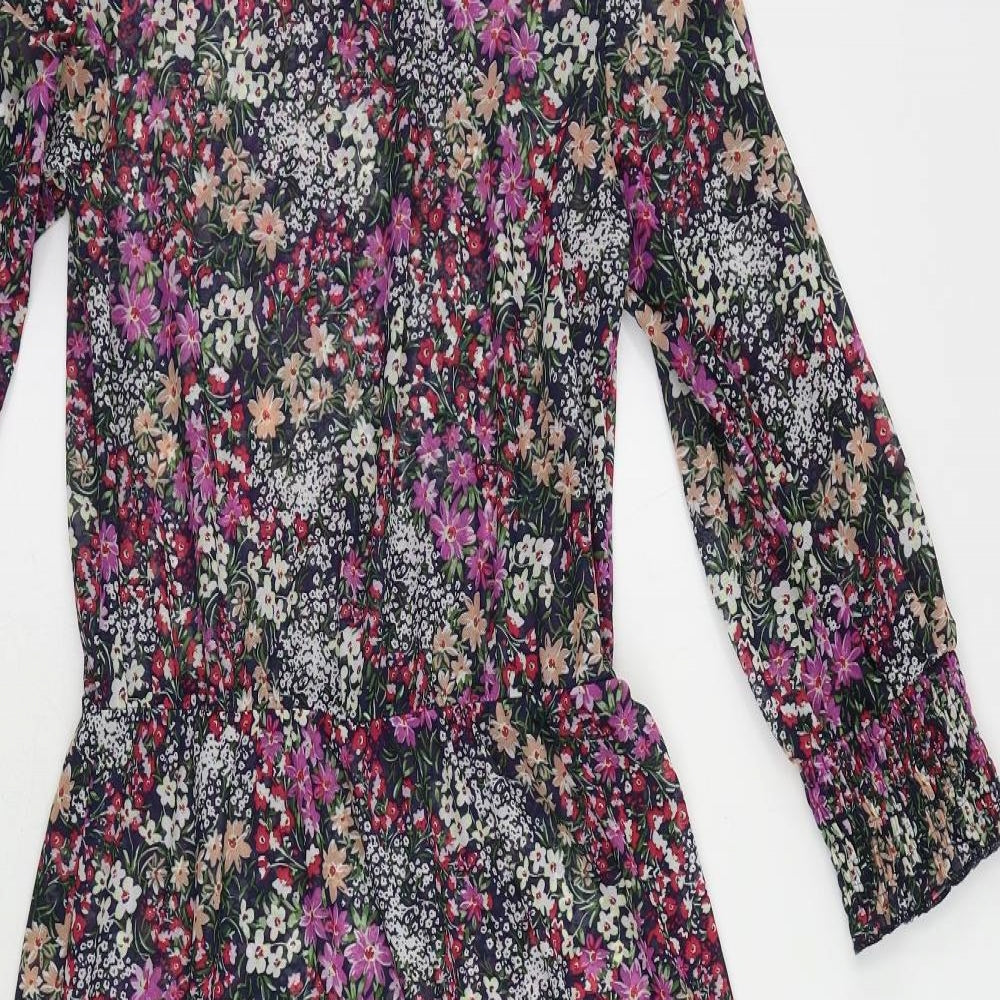 Oasis Womens Multicoloured Floral Polyester A-Line Size XS Round Neck Button - Sheer