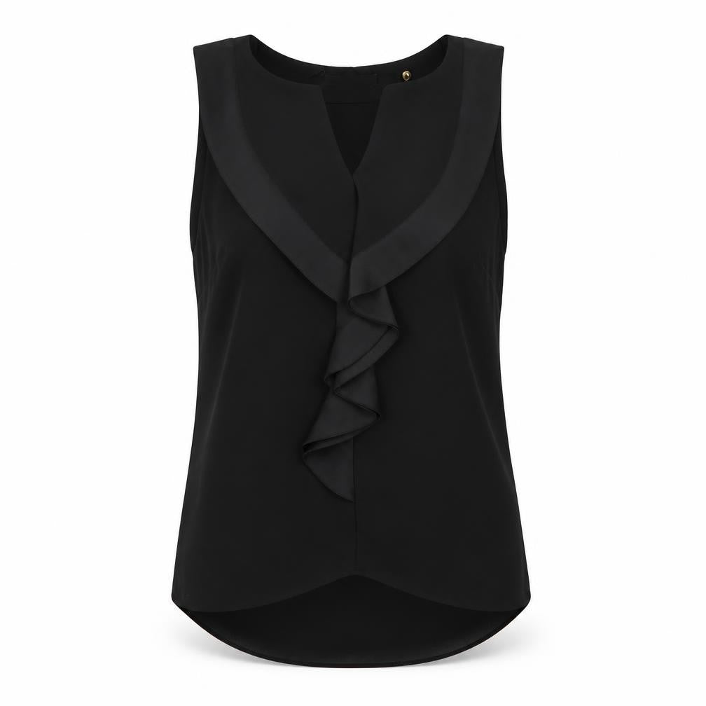Front view of H&M women’s black polyester basic blouse, size UK 8, v-neck - ruffle